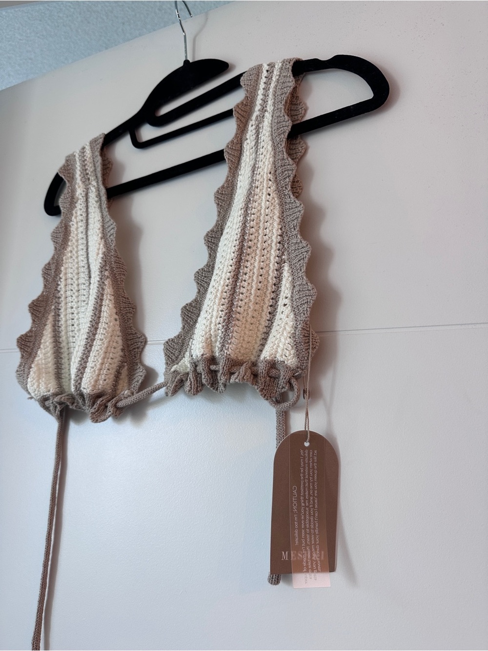 Meshki Cream Crochet Crop Top with Tan Stripes